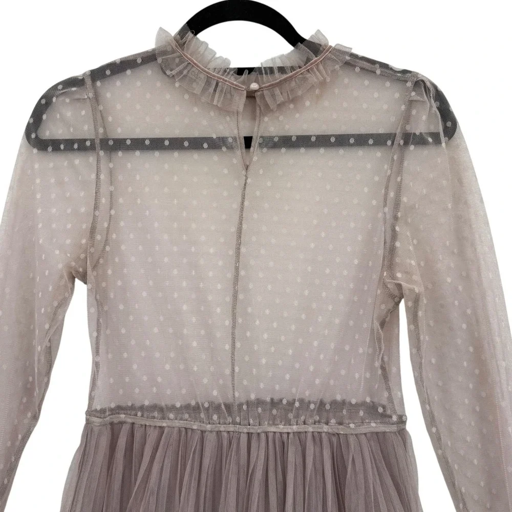 BooHoo Midi Long Sleeve Dress Tule Tiered Size 8‎ Tan Lace Sheer Romantic - Picture 9 of 13